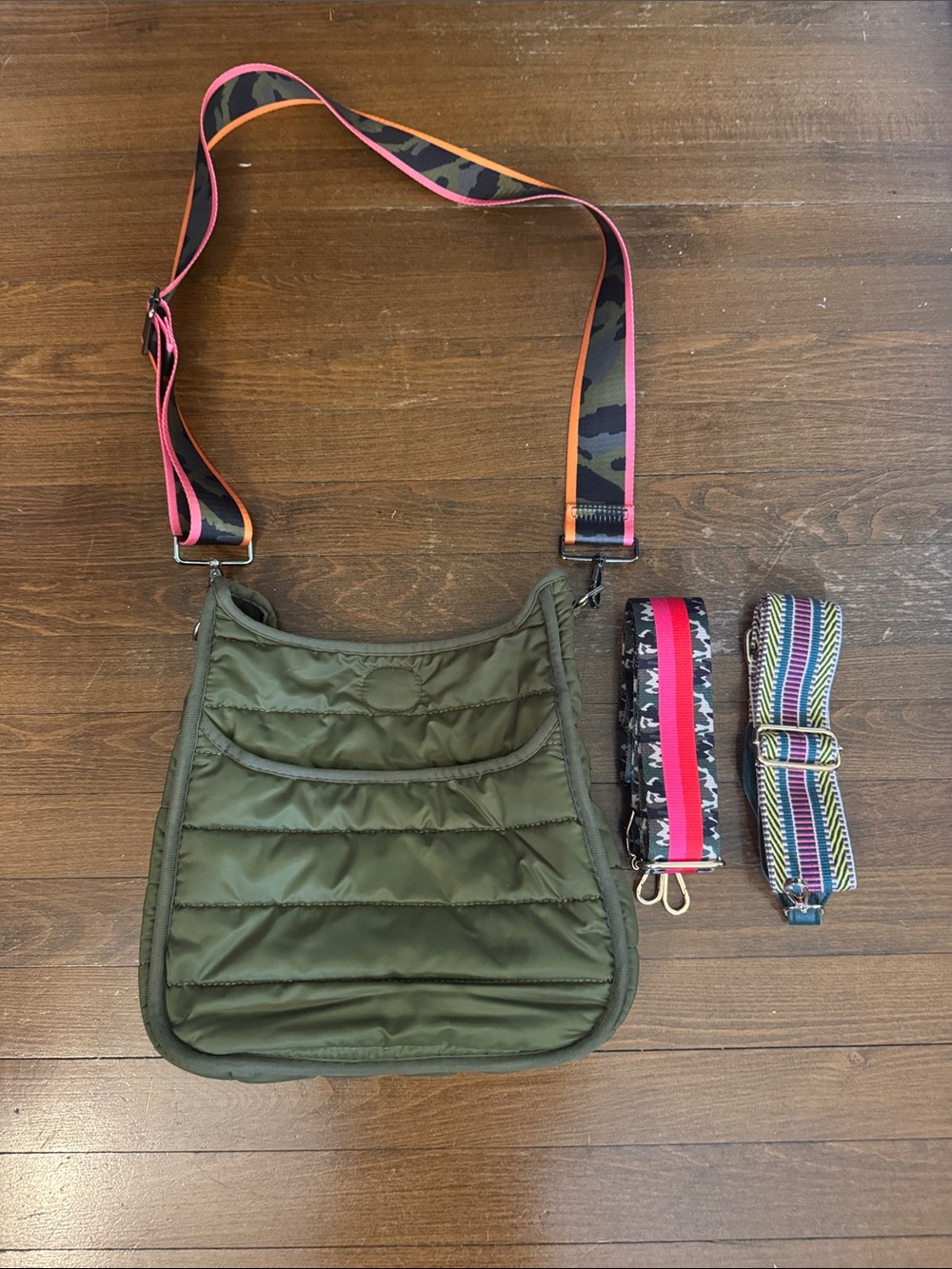 Olive Quilted ah dorned Crossbody Bag with Pink-Trim Camouflage Strap